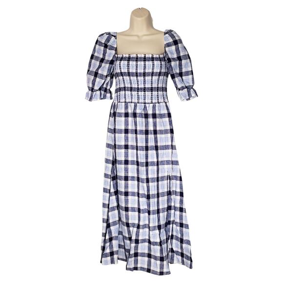 Reformation Marabella Linen Puff Sleeve Midi Dress Blue Gingham Check Size Small - Picture 2 of 10